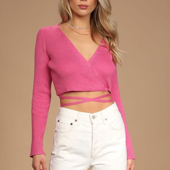 Lush Tops - LUSH Fan Favorite Pink Ribbed Knit Cropped Wrap Sweater S